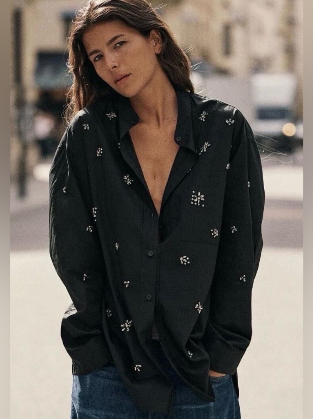 Zara Black Cotton Button Down Shirt Rhinestones Standup Collar S NWT